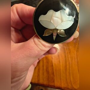 Elegant Black and White Floral Brooch Mother Of Pearl Vintage Made In Mexico